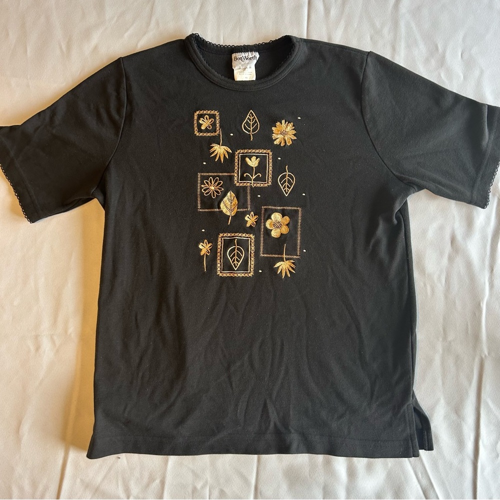 Women’s Bon Worth Black Tee with Gold Botanical Embroidery and Ruffle detail- XS